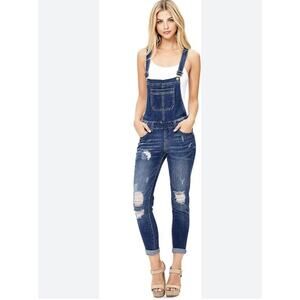 Wax Jean Denim Overalls Womens Small Distressed Skinny Ankle Bib Medium Wash